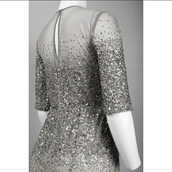 NEW Adrianna Papell Beaded Illusion Bodice Mesh Gown in Grey‎ [Petite SZ 4P ] - Picture 5 of 9
